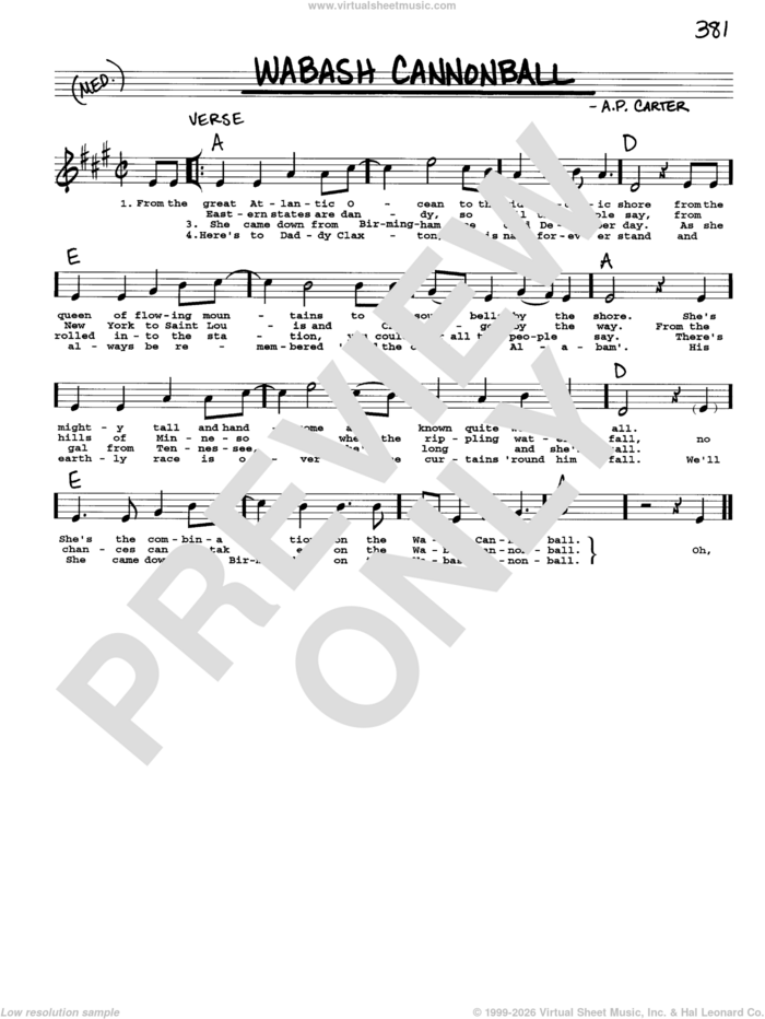Wabash Cannonball sheet music for voice and other instruments (real book with lyrics) by The Carter Family and A.P. Carter, intermediate skill level