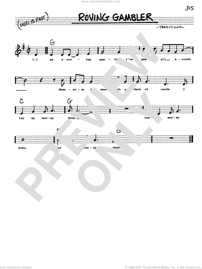 Roving Gambler sheet music for voice and other instruments (real book with lyrics), intermediate skill level