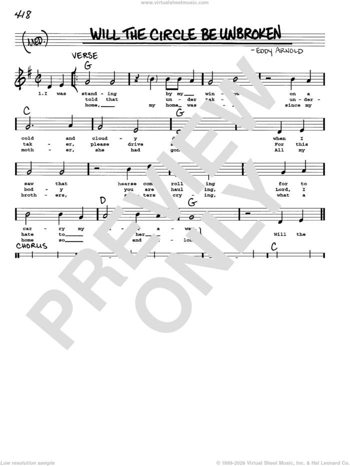 Will The Circle Be Unbroken sheet music for voice and other instruments (real book with lyrics) by Johnny Cash and Eddy Arnold, intermediate skill level