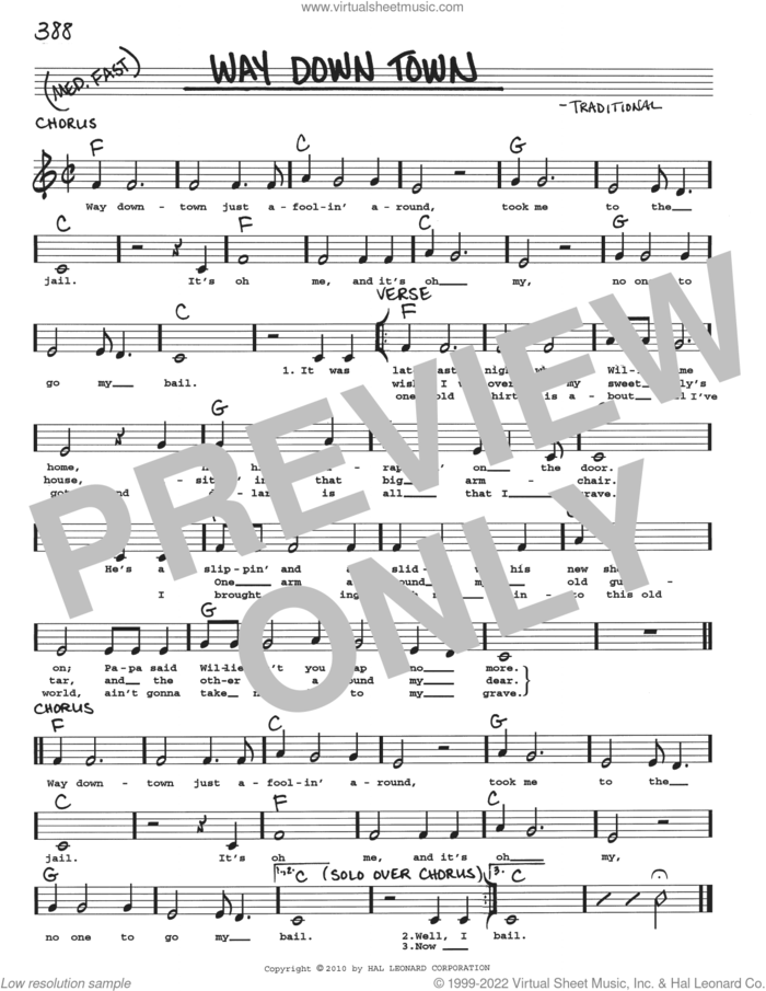 Way Down Town sheet music for voice and other instruments (real book with lyrics), intermediate skill level
