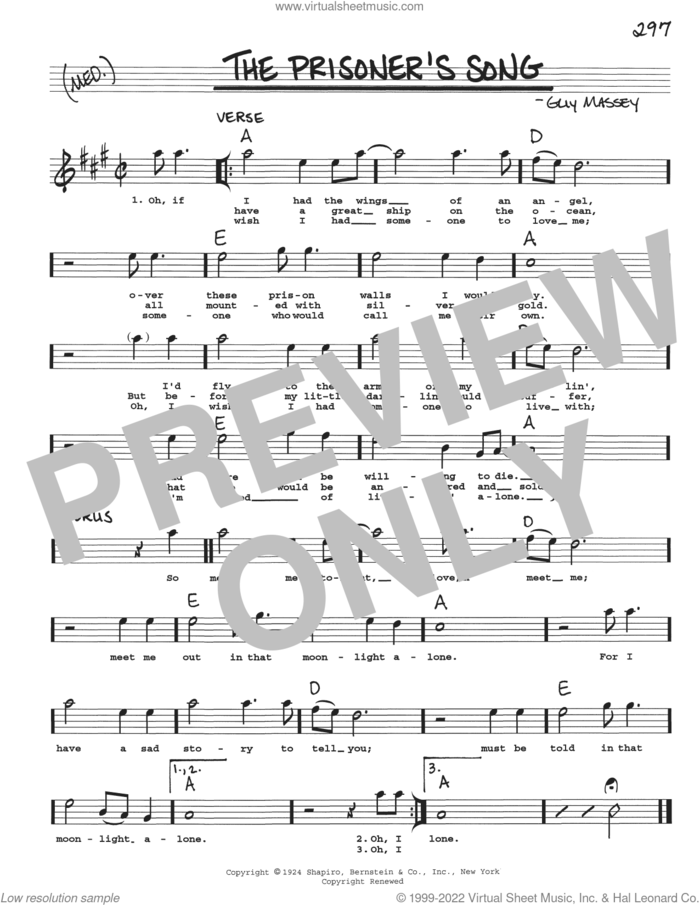 The Prisoner's Song sheet music for voice and other instruments (real book with lyrics) by Guy Massey, intermediate skill level
