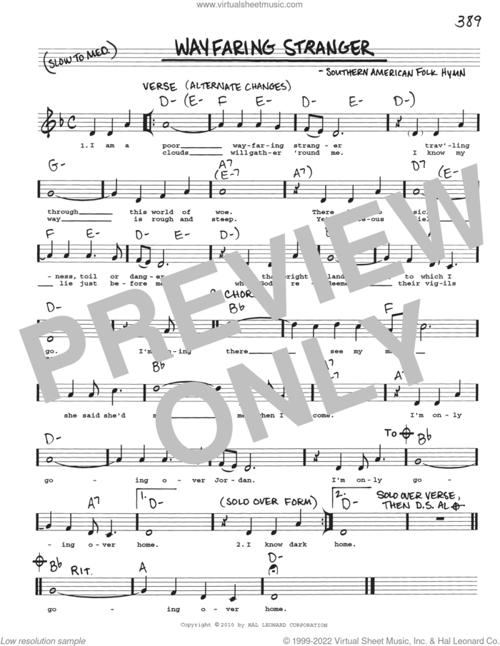 Wayfaring Stranger sheet music for voice and other instruments (real book with lyrics), intermediate skill level
