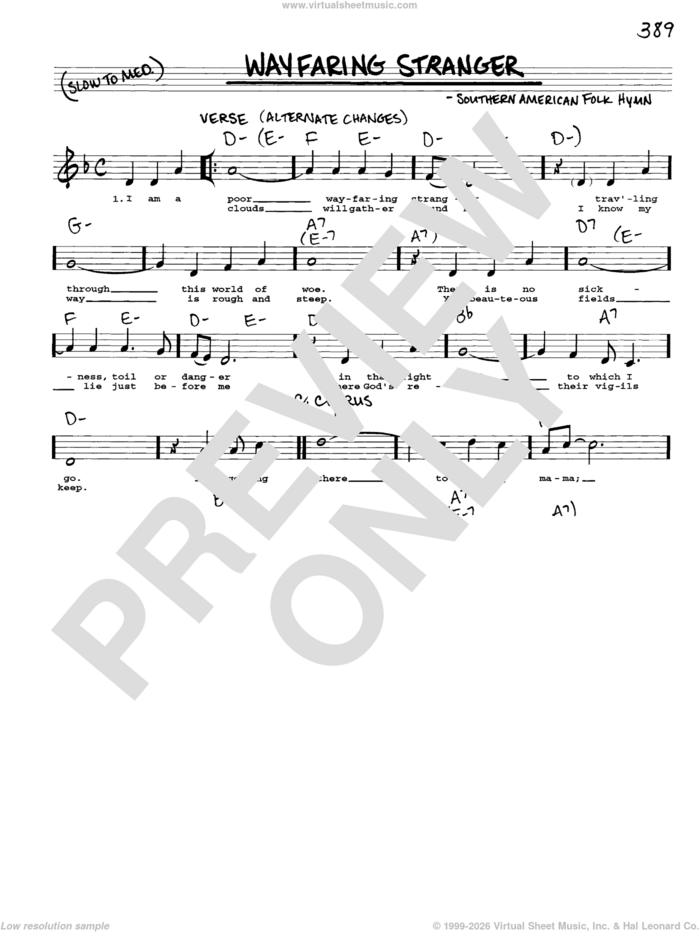 Wayfaring Stranger sheet music for voice and other instruments (real book with lyrics), intermediate skill level