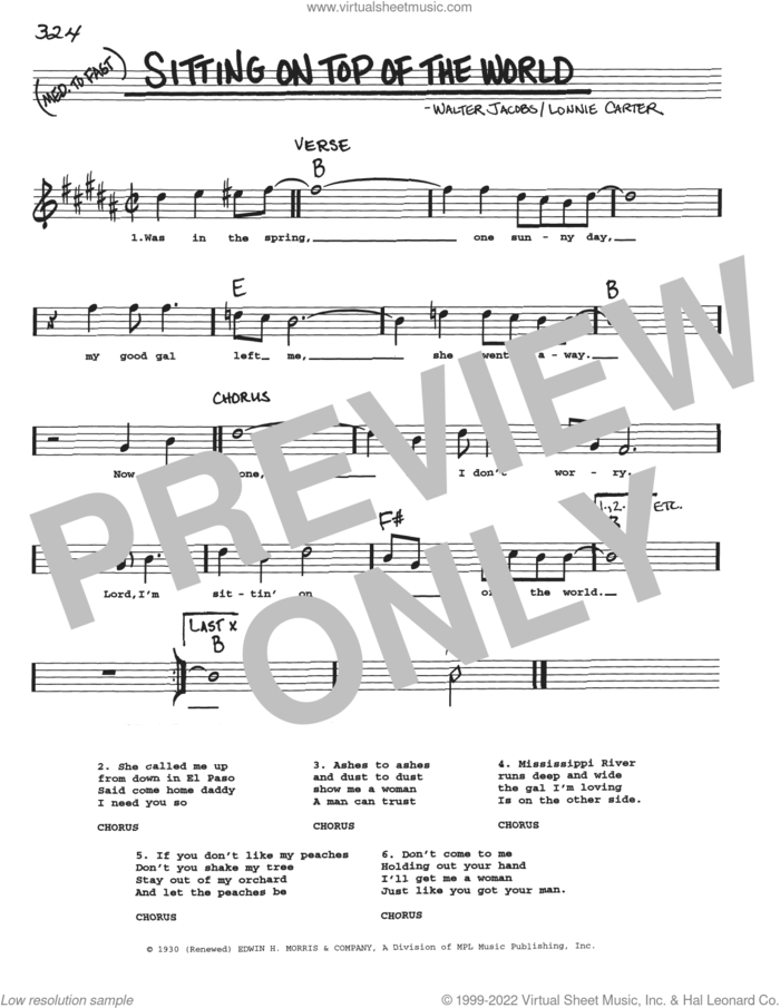 Sitting On Top Of The World sheet music for voice and other instruments (real book with lyrics) by Doc Watson, Lonnie Carter and Walter Jacobs, intermediate skill level