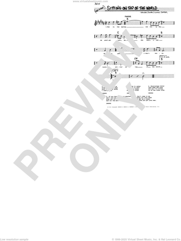 Sitting On Top Of The World sheet music for voice and other instruments (real book with lyrics) by Doc Watson, Lonnie Carter and Walter Jacobs, intermediate skill level