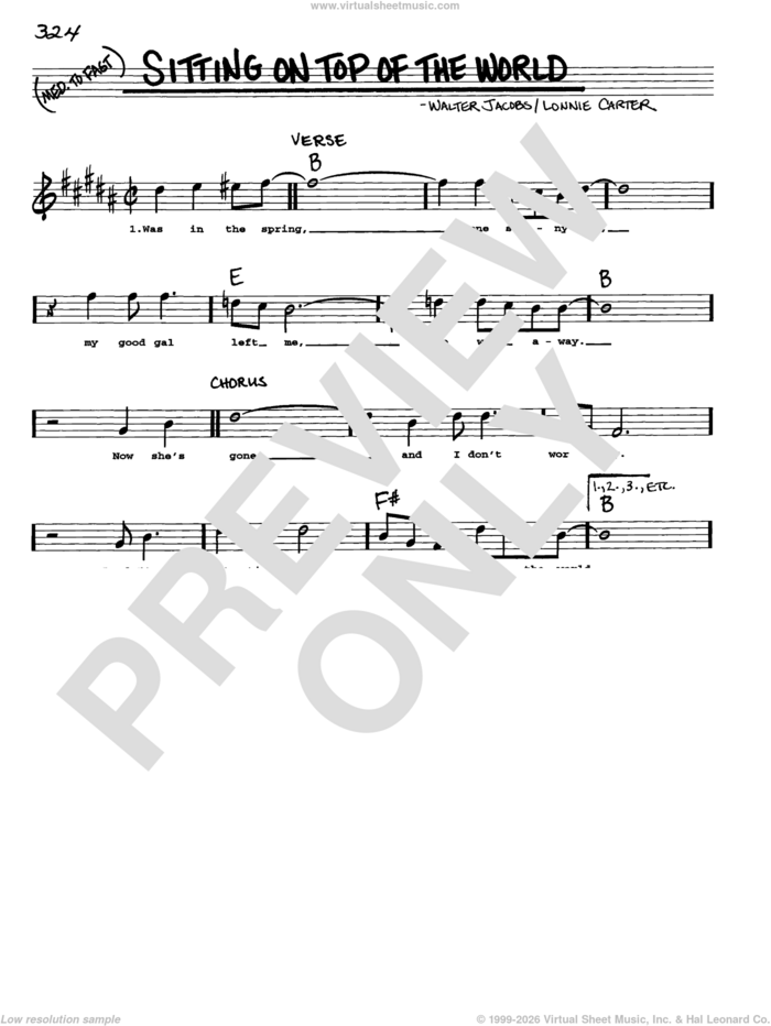 Sitting On Top Of The World sheet music for voice and other instruments (real book with lyrics) by Doc Watson, Lonnie Carter and Walter Jacobs, intermediate skill level
