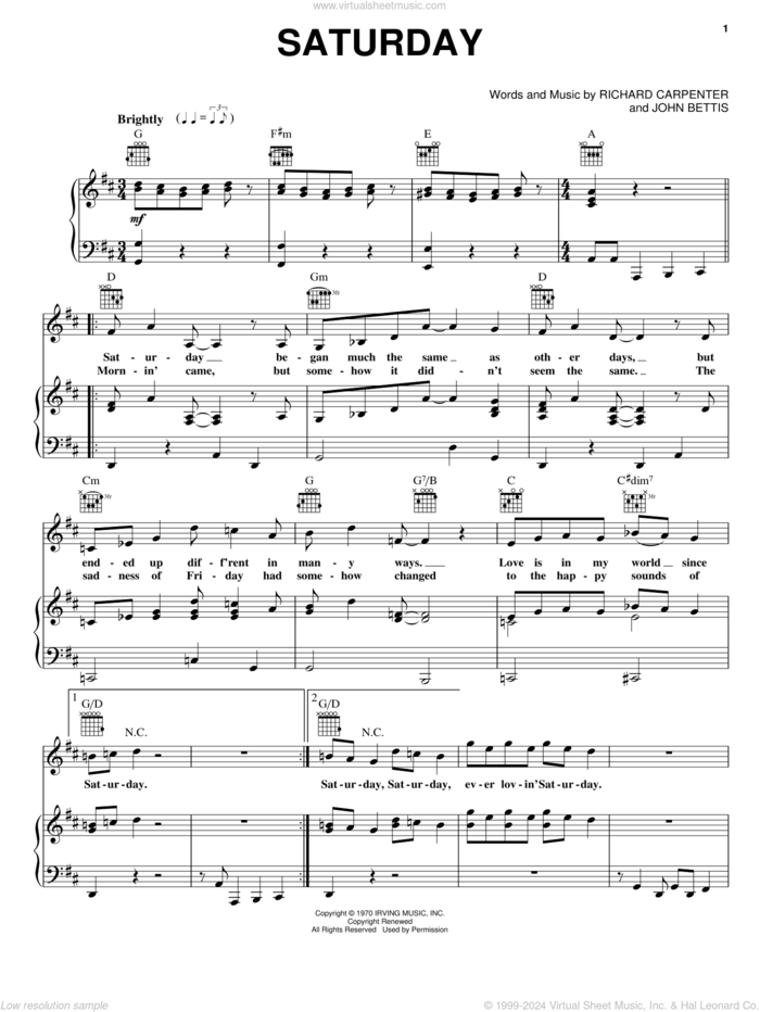 Saturday sheet music for voice, piano or guitar by Carpenters, John Bettis and Richard Carpenter, intermediate skill level