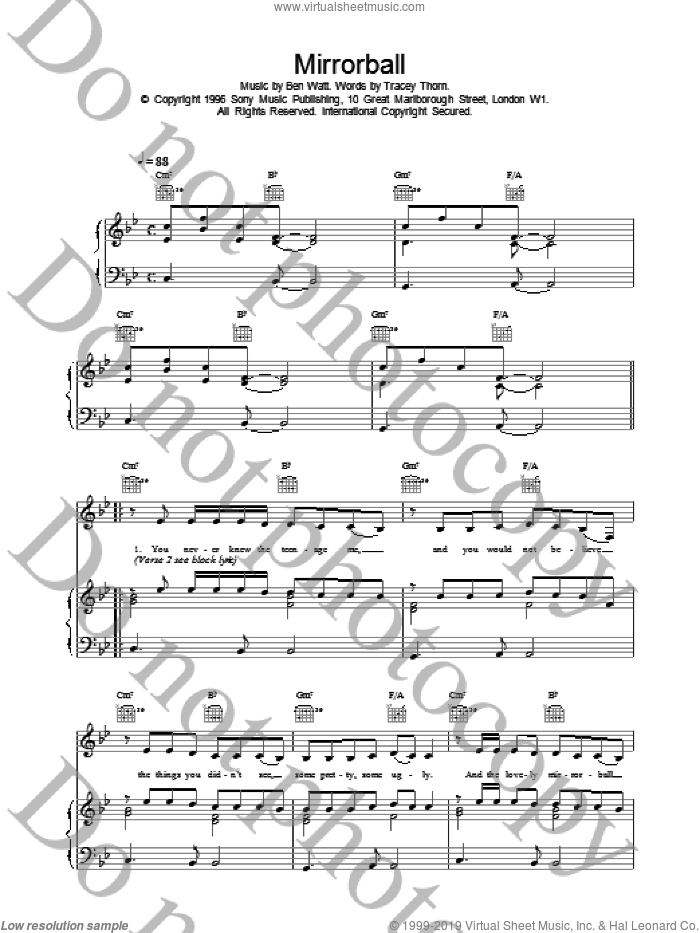 Mirrorball sheet music for voice, piano or guitar by Everything But The Girl, intermediate skill level