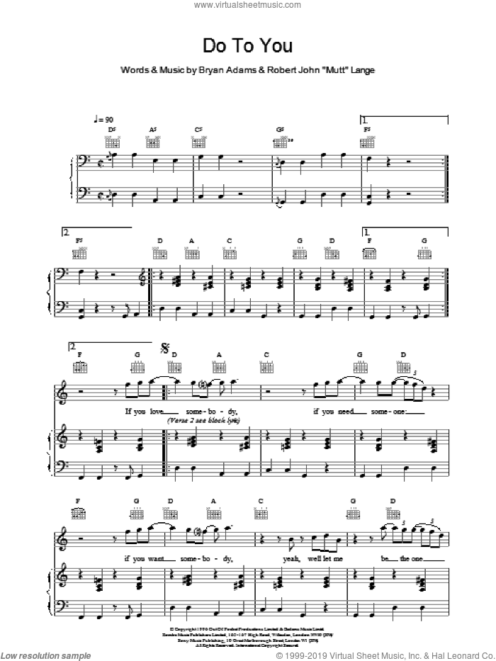 Do To You sheet music for voice, piano or guitar by Bryan Adams, intermediate skill level