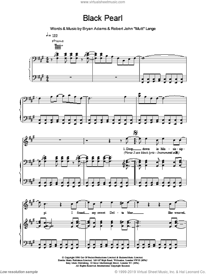 Black Pearl sheet music for voice, piano or guitar by Bryan Adams, intermediate skill level
