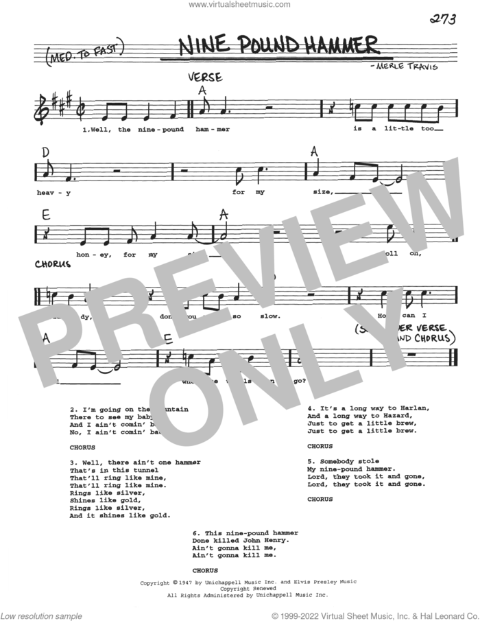 Nine Pound Hammer sheet music for voice and other instruments (real book with lyrics) by Merle Travis, intermediate skill level