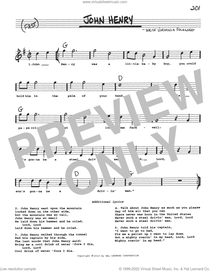 John Henry sheet music for voice and other instruments (real book with lyrics) by West Virginia Folksong, intermediate skill level
