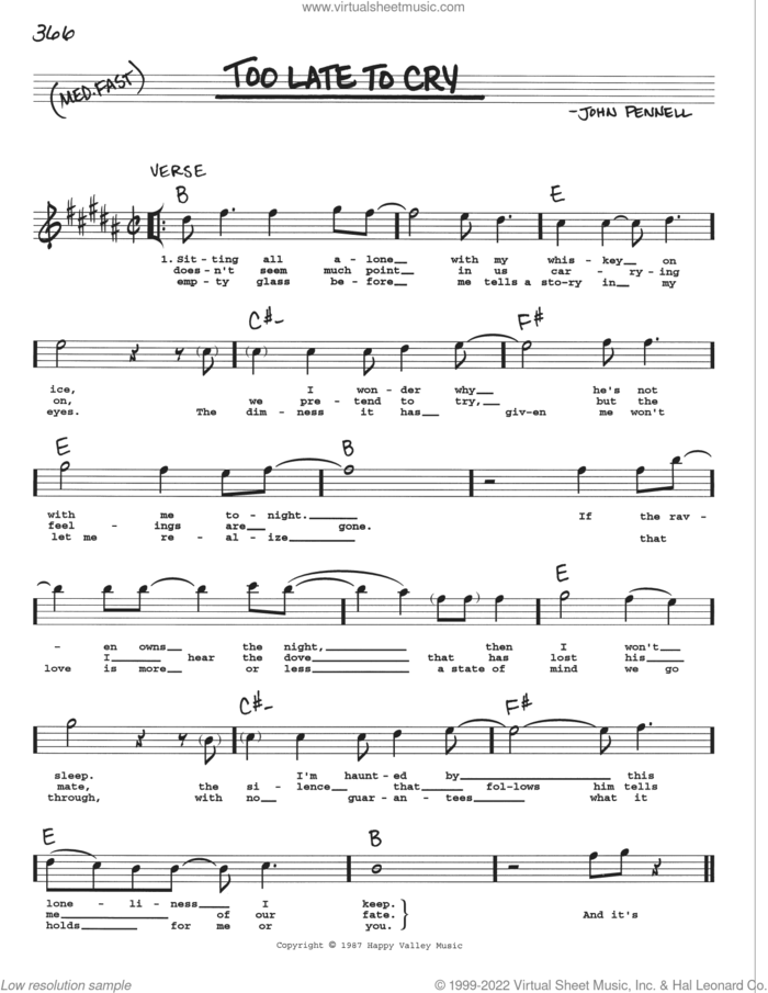 Too Late To Cry sheet music for voice and other instruments (real book with lyrics) by John Pennell, intermediate skill level