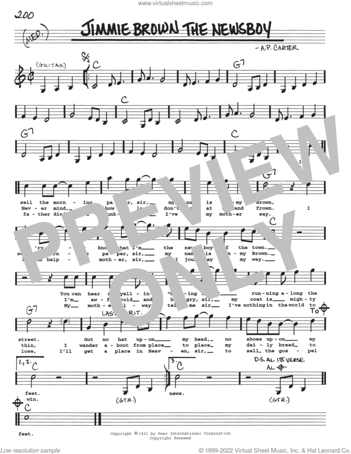 Jimmie Brown The Newsboy sheet music for voice and other instruments (real book with lyrics) by The Carter Family and A.P. Carter, intermediate skill level