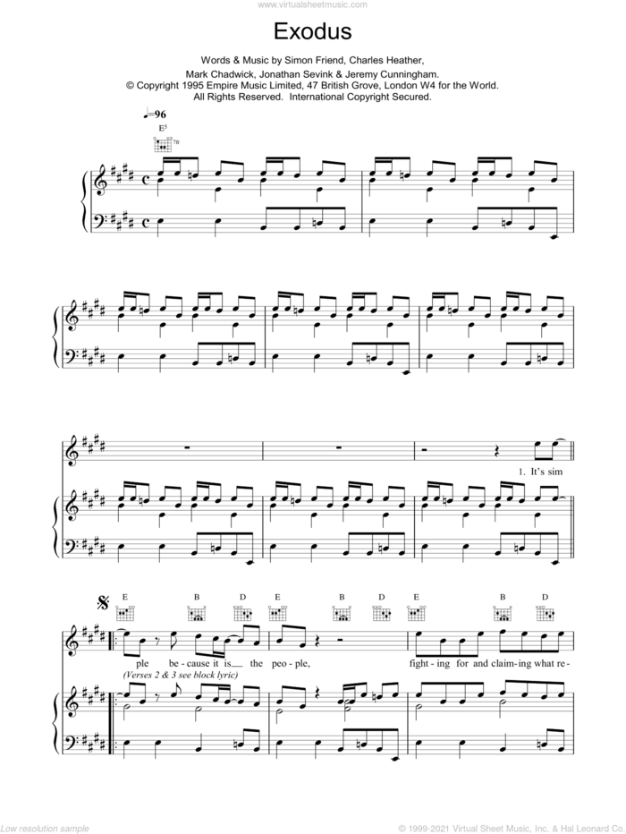 Exodus sheet music for voice, piano or guitar by The Levellers, intermediate skill level