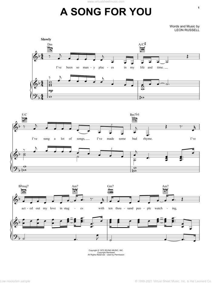 A Song For You sheet music for voice, piano or guitar by Carpenters and Leon Russell, intermediate skill level