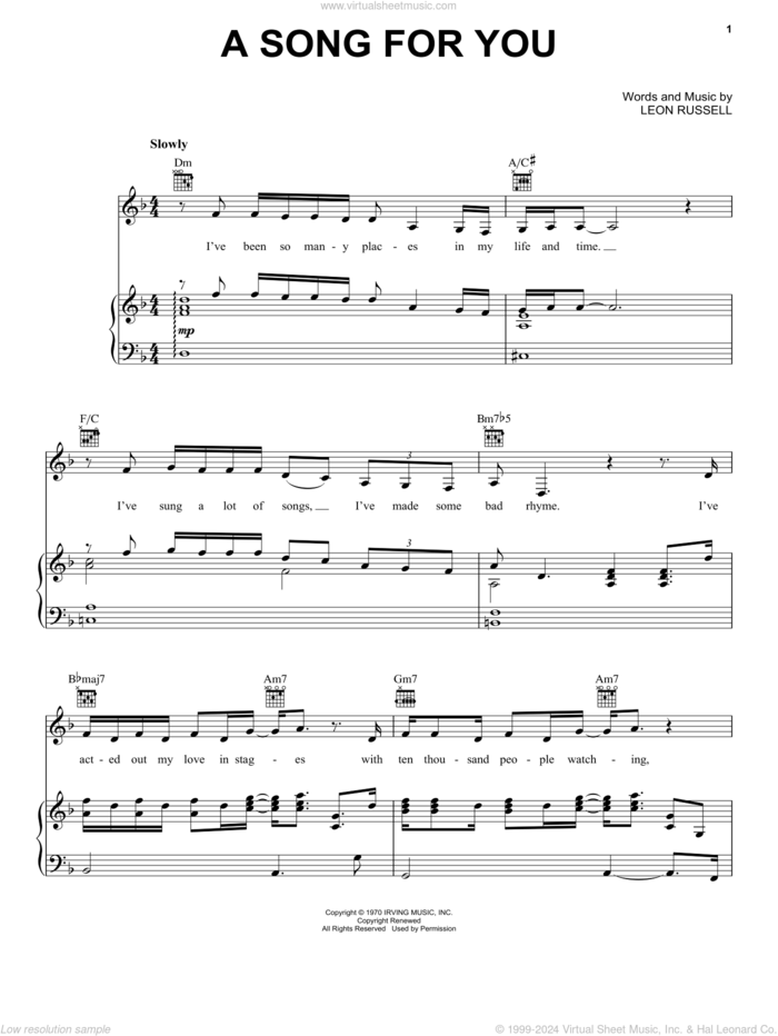 A Song For You sheet music for voice, piano or guitar by Carpenters and Leon Russell, intermediate skill level