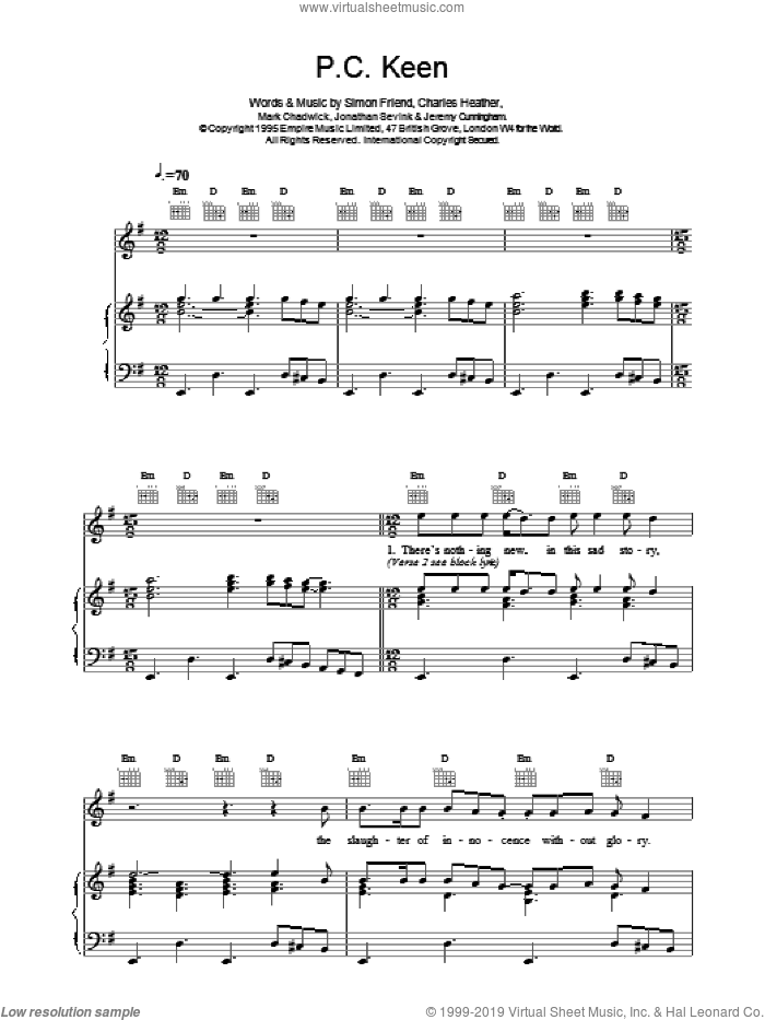 P.C. Keen sheet music for voice, piano or guitar by The Levellers, intermediate skill level