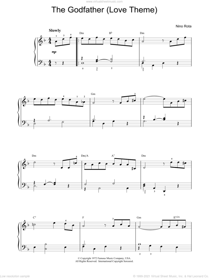 The Godfather (Love Theme), (intermediate) sheet music for piano solo by Nino Rota, intermediate skill level