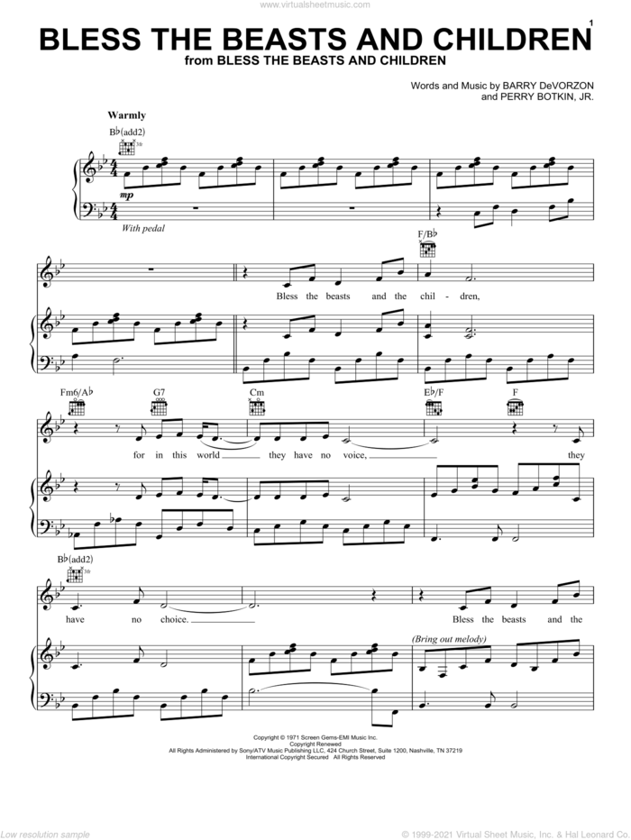 Bless The Beasts And Children sheet music for voice, piano or guitar by Carpenters, Four Non Blondes, Shirley Bassey, Barry DeVorzon and Perry Botkin, Jr., intermediate skill level