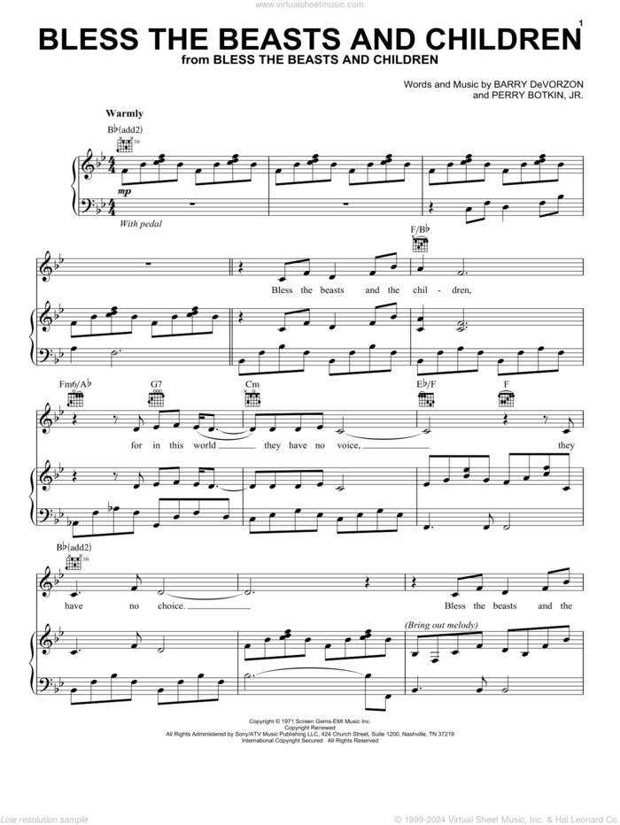 Bless The Beasts And Children sheet music for voice, piano or guitar by Carpenters, Four Non Blondes, Shirley Bassey, Barry DeVorzon and Perry Botkin, Jr., intermediate skill level