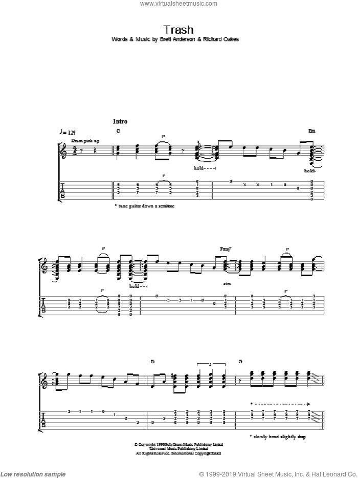 Trash sheet music for guitar (tablature) by Suede, intermediate skill level