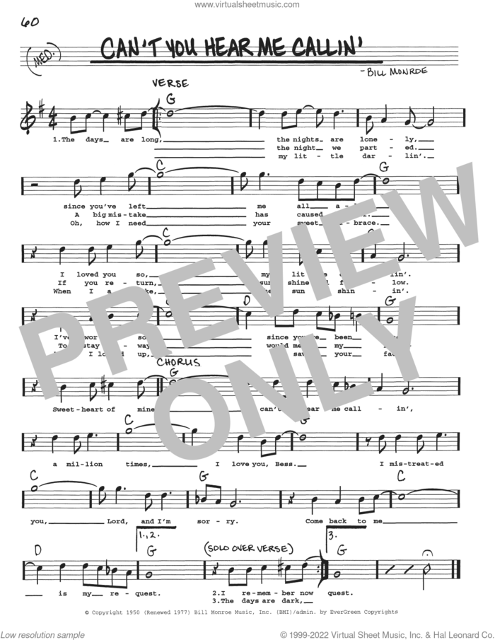Can't You Hear Me Callin' sheet music for voice and other instruments (real book with lyrics) by Bill Monroe, intermediate skill level