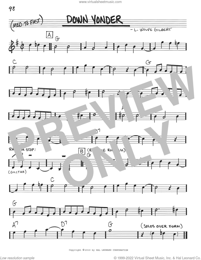 Down Yonder sheet music for voice and other instruments (real book with lyrics) by L. Wolfe Gilbert, intermediate skill level