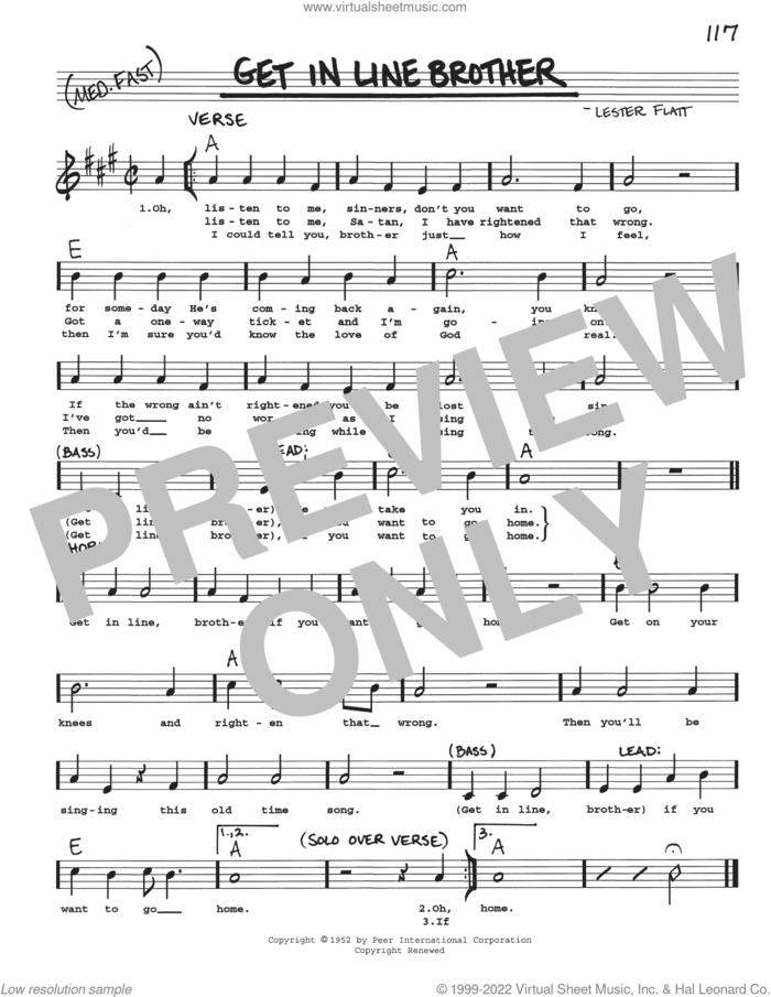 Get In Line Brother sheet music for voice and other instruments (real book with lyrics) by Flatt & Scruggs and Lester Flatt, intermediate skill level
