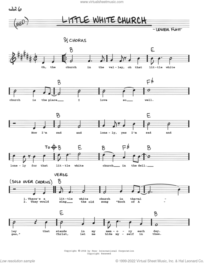 Little White Church sheet music for voice and other instruments (real book with lyrics) by Lester Flatt, intermediate skill level