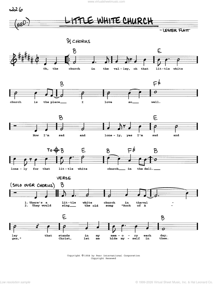 Little White Church sheet music for voice and other instruments (real book with lyrics) by Lester Flatt, intermediate skill level