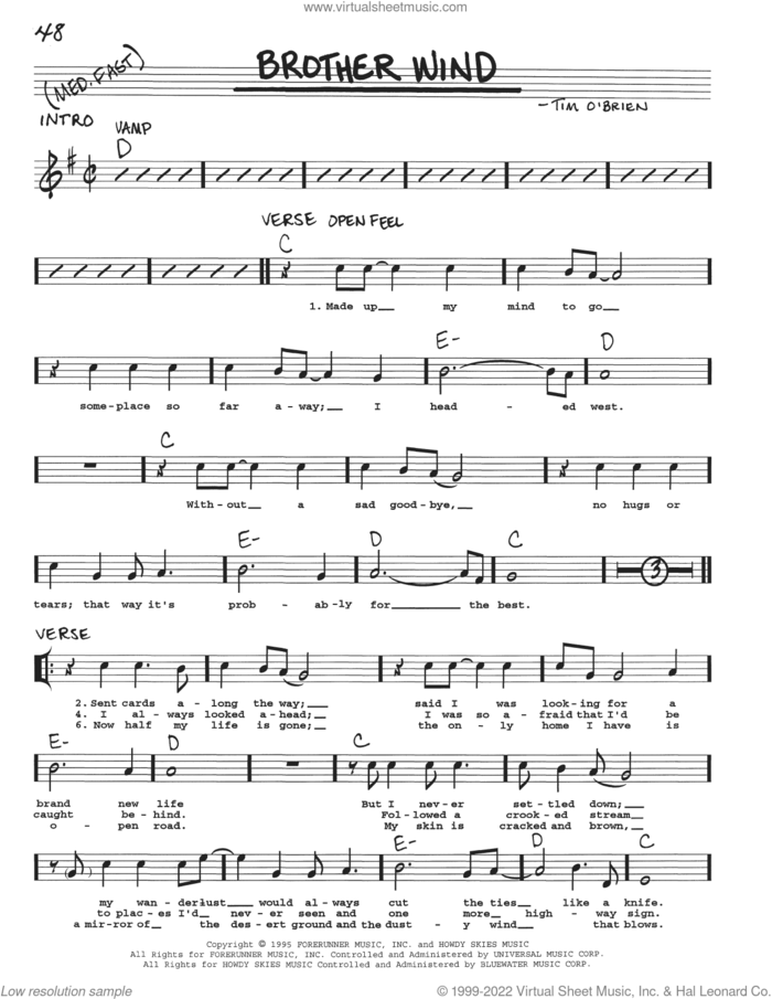 Brother Wind sheet music for voice and other instruments (real book with lyrics) by Timothy O'Brien, intermediate skill level