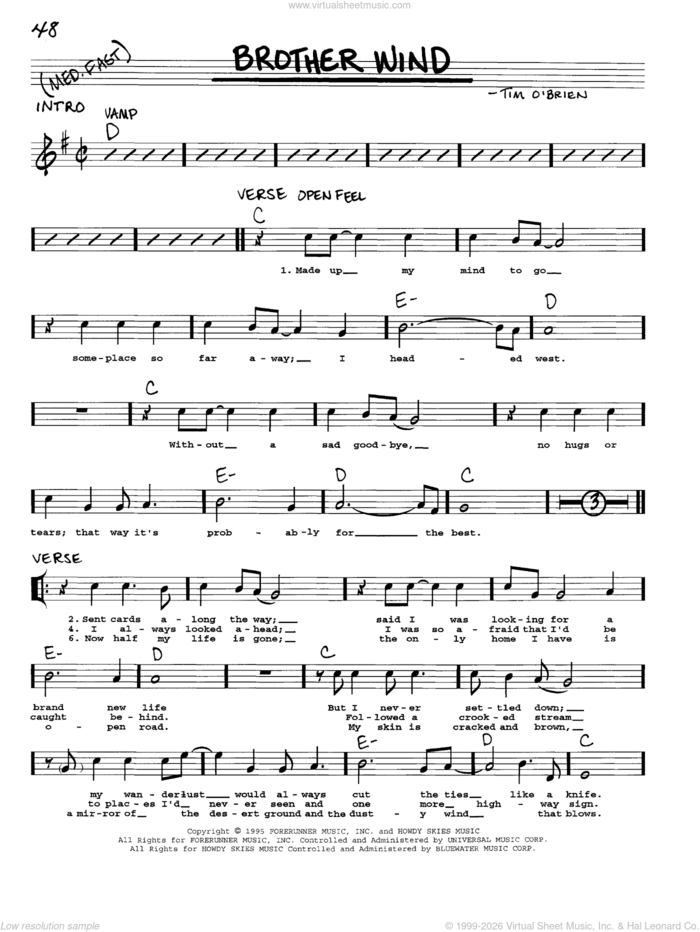 Brother Wind sheet music for voice and other instruments (real book with lyrics) by Timothy O'Brien, intermediate skill level