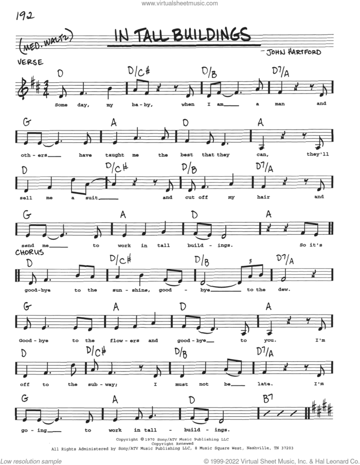 In Tall Buildings sheet music for voice and other instruments (real book with lyrics) by John Hartford, intermediate skill level