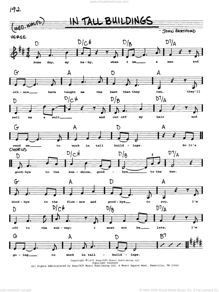 In Tall Buildings sheet music for voice and other instruments (real book with lyrics) by John Hartford, intermediate skill level