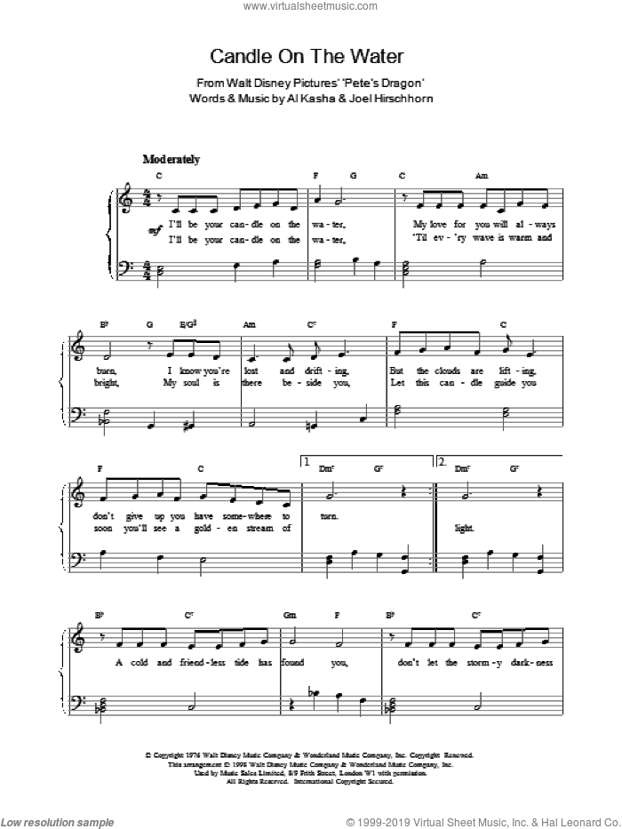 Candle On The Water sheet music for piano solo by Al Kasha and J Hirschhorn, wedding score, intermediate skill level