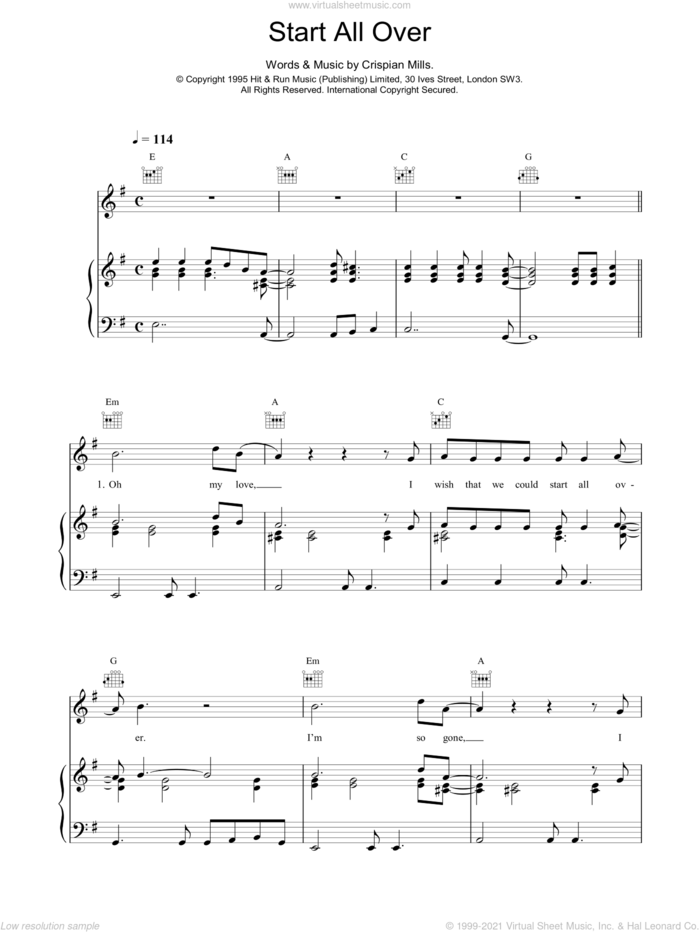 Start All Over sheet music for voice, piano or guitar by Kula Shaker, intermediate skill level