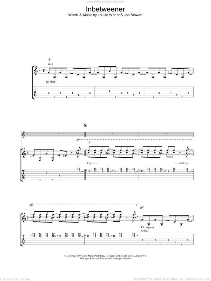 Inbetweener sheet music for guitar (tablature) by Sleeper, intermediate skill level