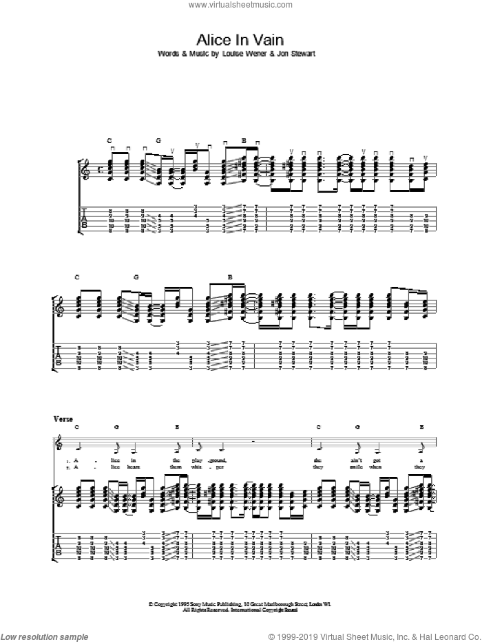 Alice In Vain sheet music for guitar (tablature) by Sleeper, intermediate skill level