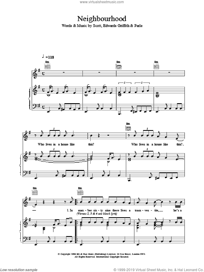 Neighbourhood sheet music for voice, piano or guitar, intermediate skill level