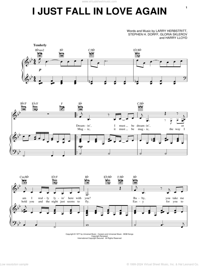 I Just Fall In Love Again sheet music for voice, piano or guitar by Carpenters, Anne Murray, Gloria Sklerov, Harry Lloyd, Larry Herbstritt and Steve Dorff, wedding score, intermediate skill level