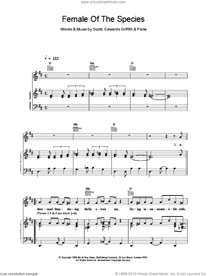 Female Of The Species sheet music for voice, piano or guitar, intermediate skill level