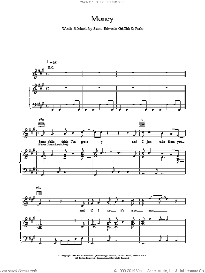 Money sheet music for voice, piano or guitar, intermediate skill level