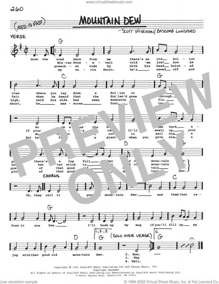 Mountain Dew sheet music for voice and other instruments (real book with lyrics) by Scott Wiseman and Bascom Lunsford, intermediate skill level