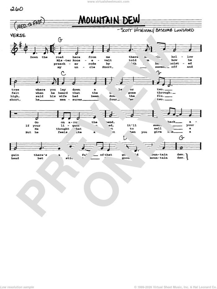 Mountain Dew sheet music for voice and other instruments (real book with lyrics) by Scott Wiseman and Bascom Lunsford, intermediate skill level