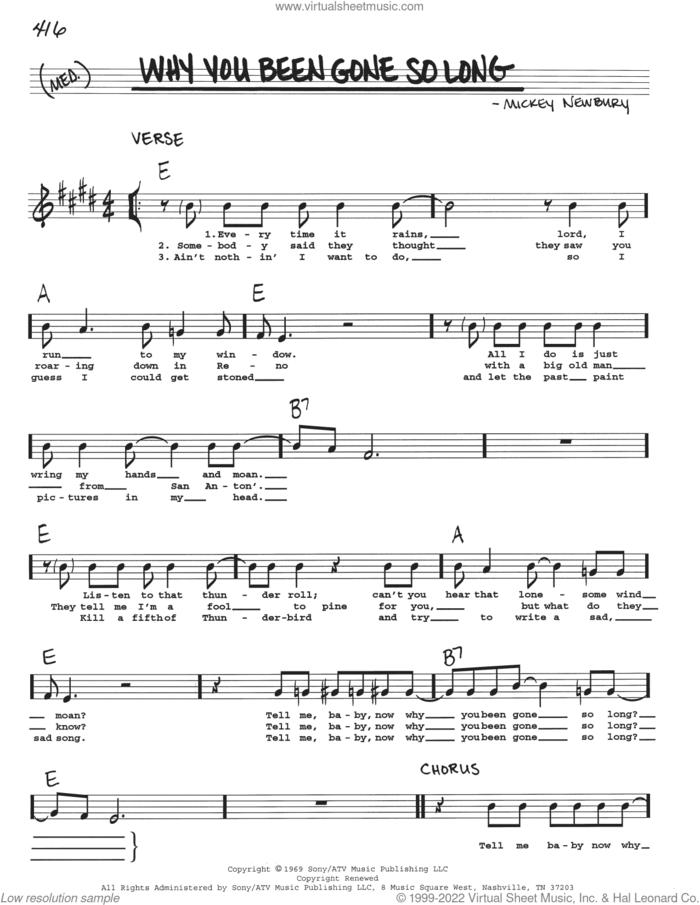 Why You Been Gone So Long sheet music for voice and other instruments (real book with lyrics) by Mickey Newbury, intermediate skill level
