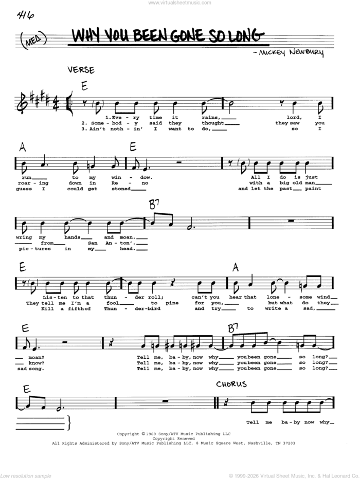 Why You Been Gone So Long sheet music for voice and other instruments (real book with lyrics) by Mickey Newbury, intermediate skill level