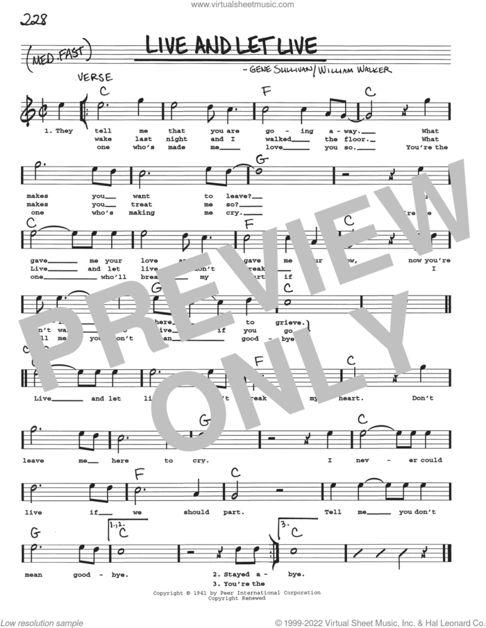 Live And Let Live sheet music for voice and other instruments (real book with lyrics) by Gene Sullivan and Billy Walker, intermediate skill level