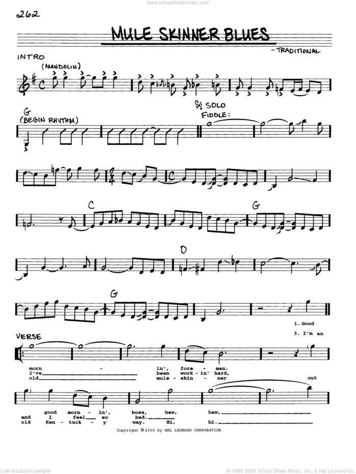 Mule Skinner Blues sheet music for voice and other instruments (real book with lyrics) by Jimmie Rodgers and Miscellaneous, intermediate skill level