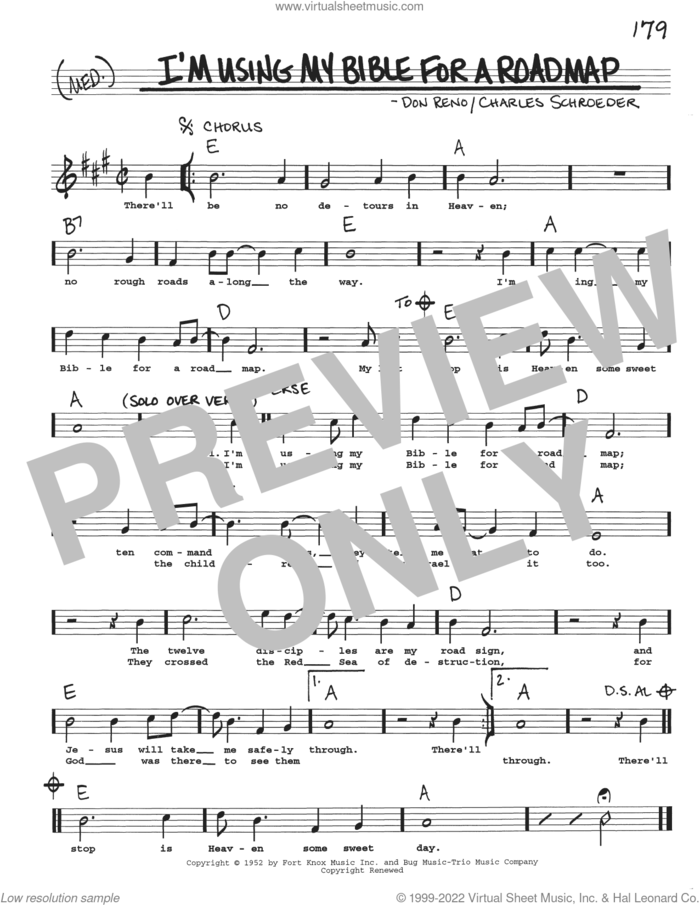 I'm Using My Bible For A Roadmap sheet music for voice and other instruments (real book with lyrics) by Don Reno and Charles Schroeder, intermediate skill level